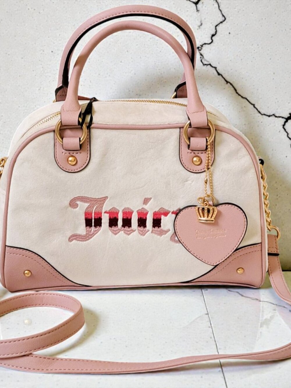 Juicy Couture Retro Vibe Bowler Satchel Pink & Cream Velour Y2K NWT